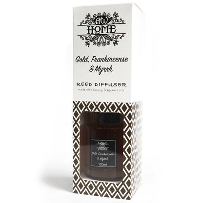 'Gold, Frankincense & Myrrh'  Reed diffuser packaging with brand logo and product details on a white background