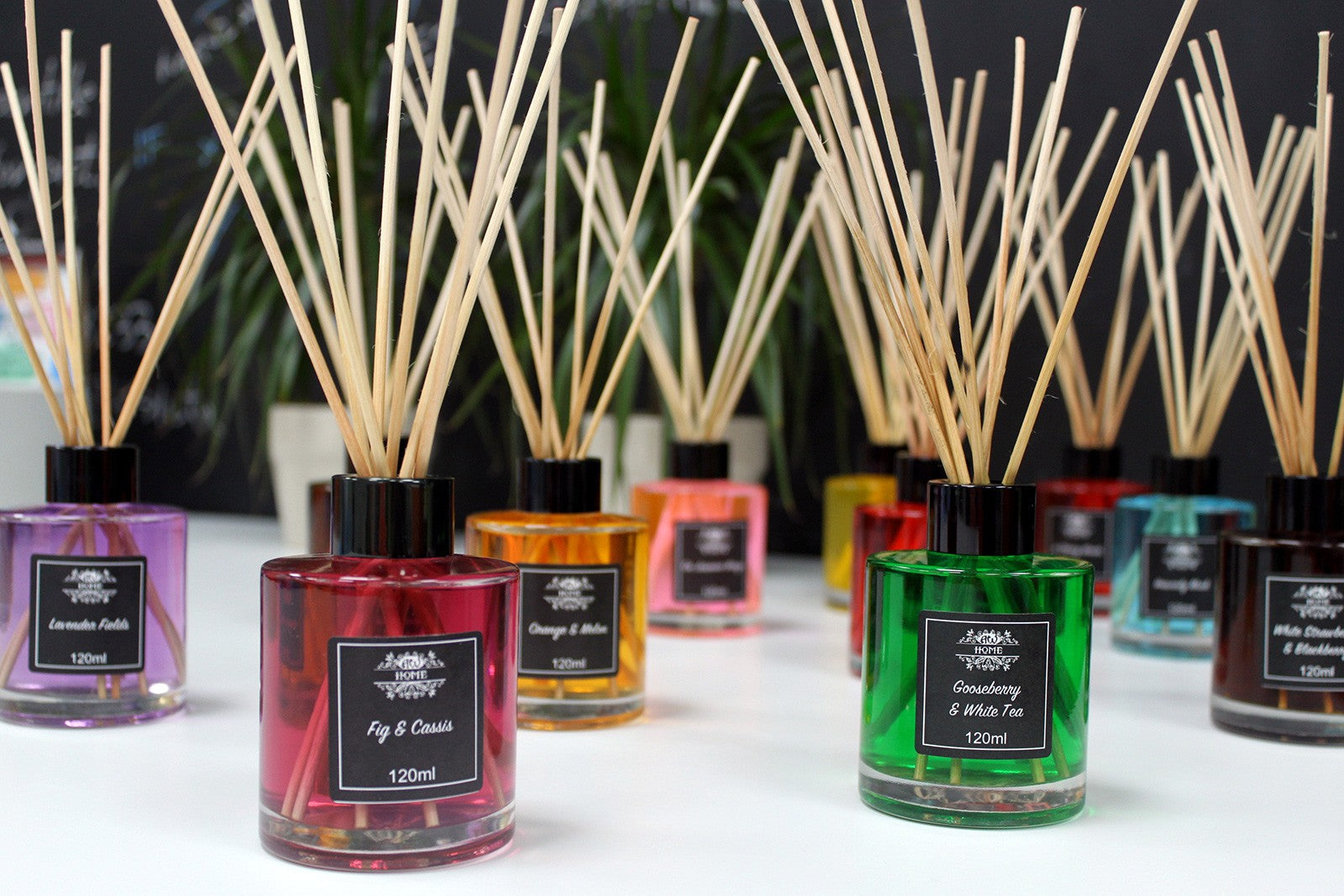 Set of diffusers with various colored bottles and labels on a white surface.