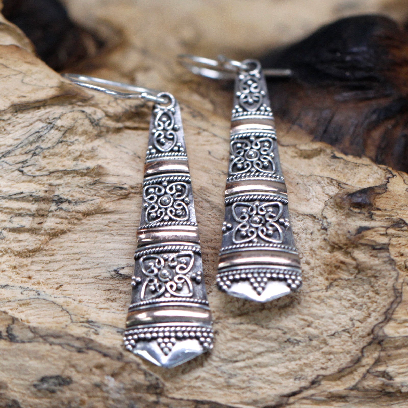 Silver & Gold Earring - Tribal Drops Specifications: - Height with Drop: 3.2cm - Fitting: Hook - Metal: 18k Gold & 925 Silver - Weight: 3 grams (combined)