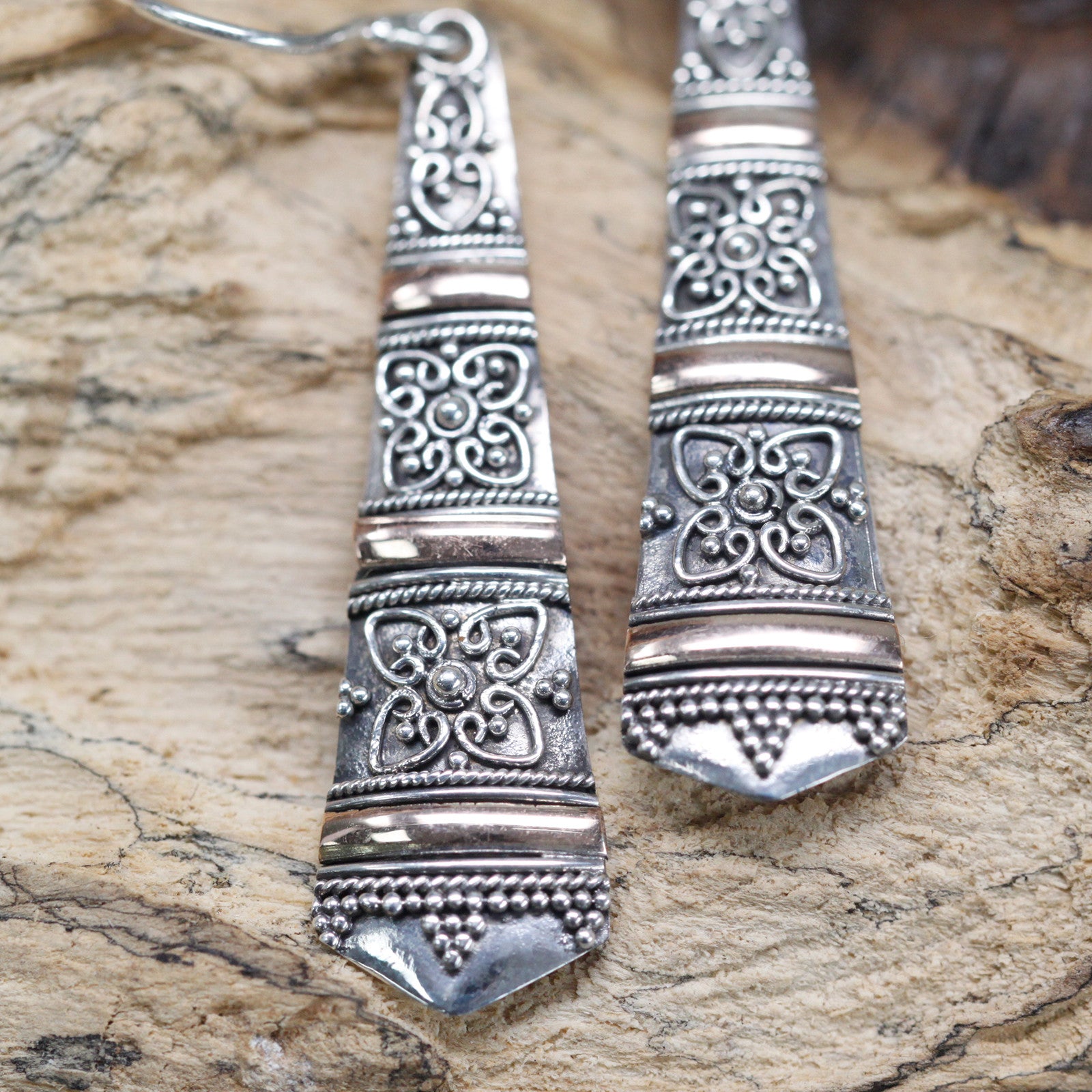 Silver & Gold Earring - Tribal Drops Specifications: - Height with Drop: 3.2cm - Fitting: Hook - Metal: 18k Gold & 925 Silver - Weight: 3 grams (combined)