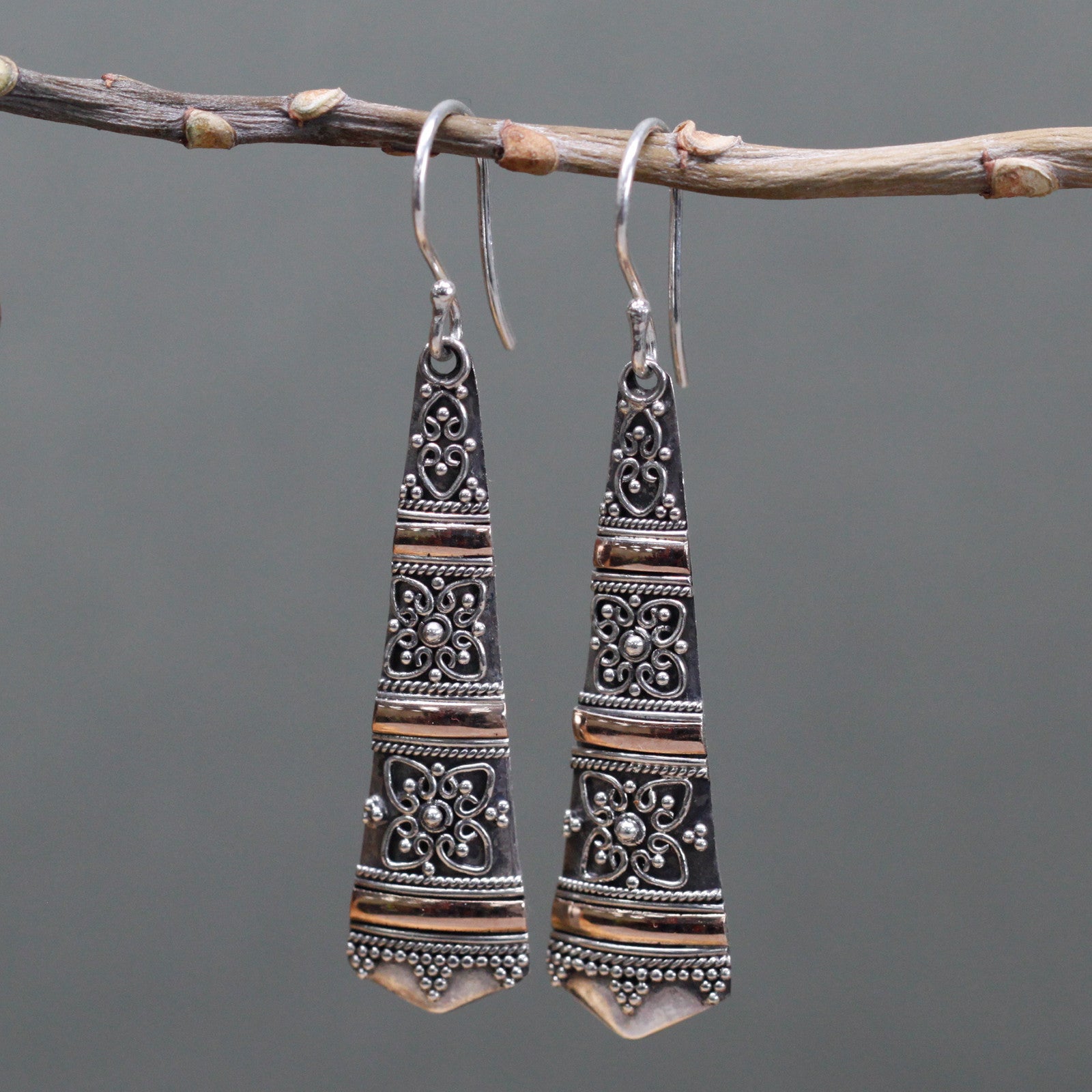 Silver & Gold Earring - Tribal Drops Specifications: - Height with Drop: 3.2cm - Fitting: Hook - Metal: 18k Gold & 925 Silver - Weight: 3 grams (combined)