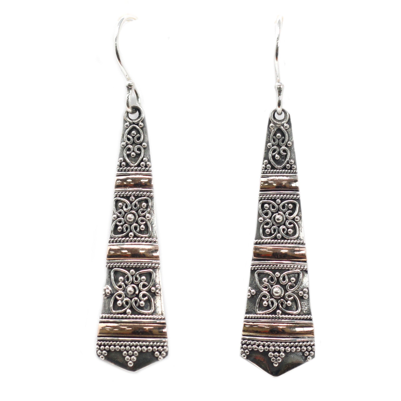 Silver & Gold Earring - Tribal Drops Specifications: - Height with Drop: 3.2cm - Fitting: Hook - Metal: 18k Gold & 925 Silver - Weight: 3 grams (combined)