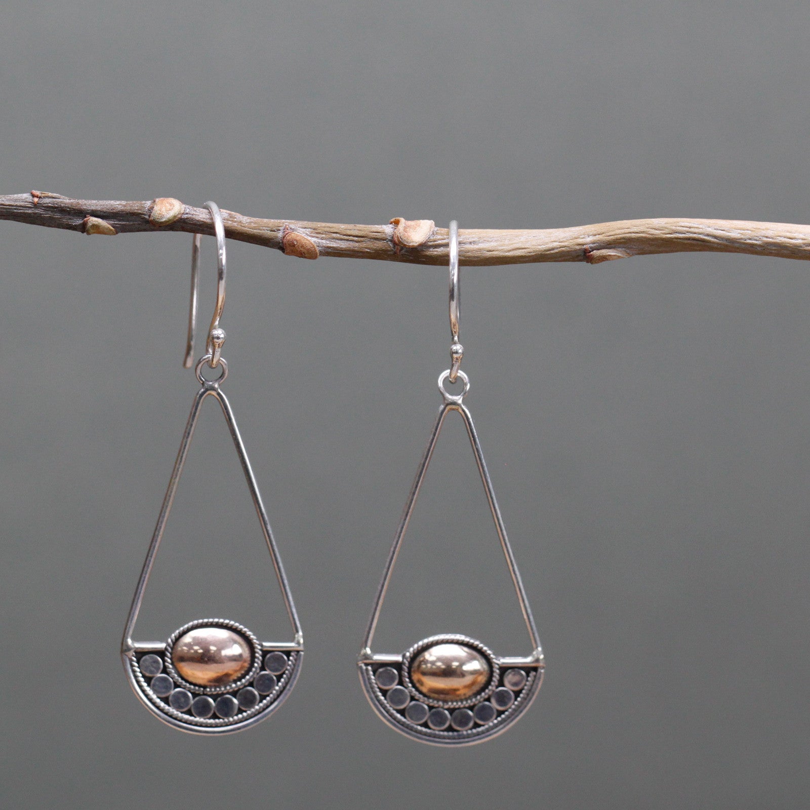 hanging from tree branch -  Silver & Gold Earring - Luna Balance Specifications: - Height with Drop: 3.2cm - Fitting: Hook - Metal: 18k Gold & 925 Silver - Weight: 3 grams (combined)