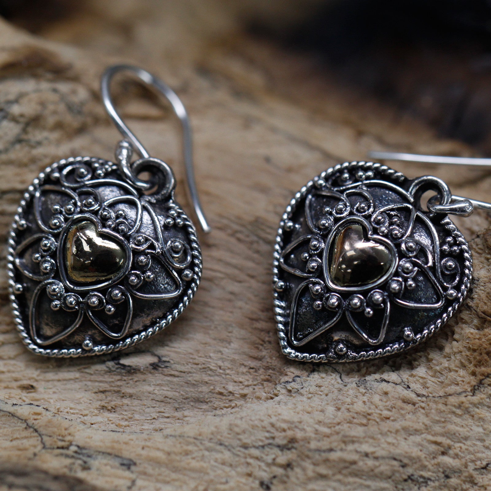 Silver & Gold Earring - Mandala Hearts * Height with Drop: 3.2cm * Fitting: Hook * Metal: 18k Gold & 925 Silver * Weight: 3 grams (combined)