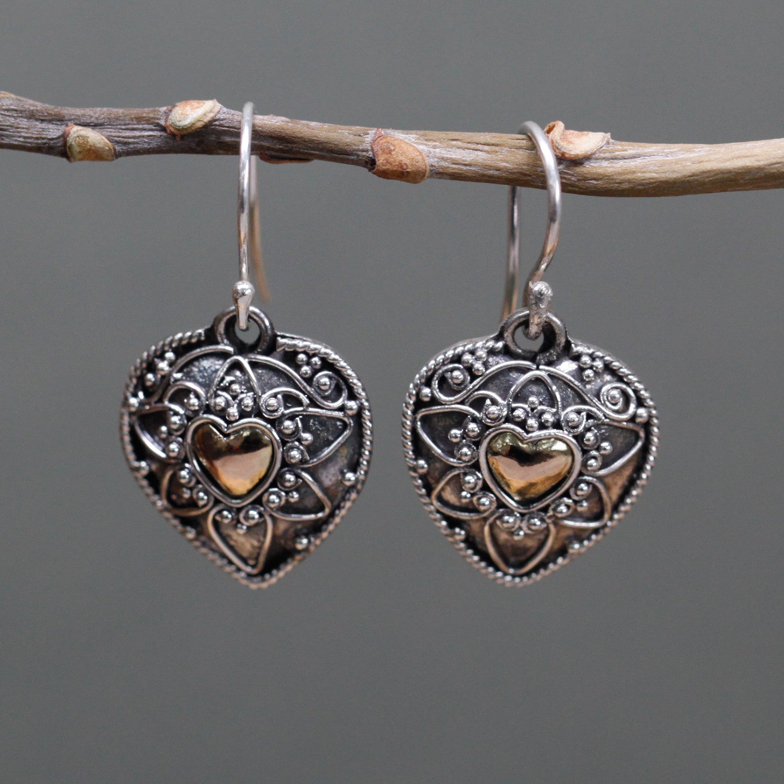 hanging from tree branch Silver & Gold Earring - Mandala Hearts * Height with Drop: 3.2cm * Fitting: Hook * Metal: 18k Gold & 925 Silver * Weight: 3 grams (combined)