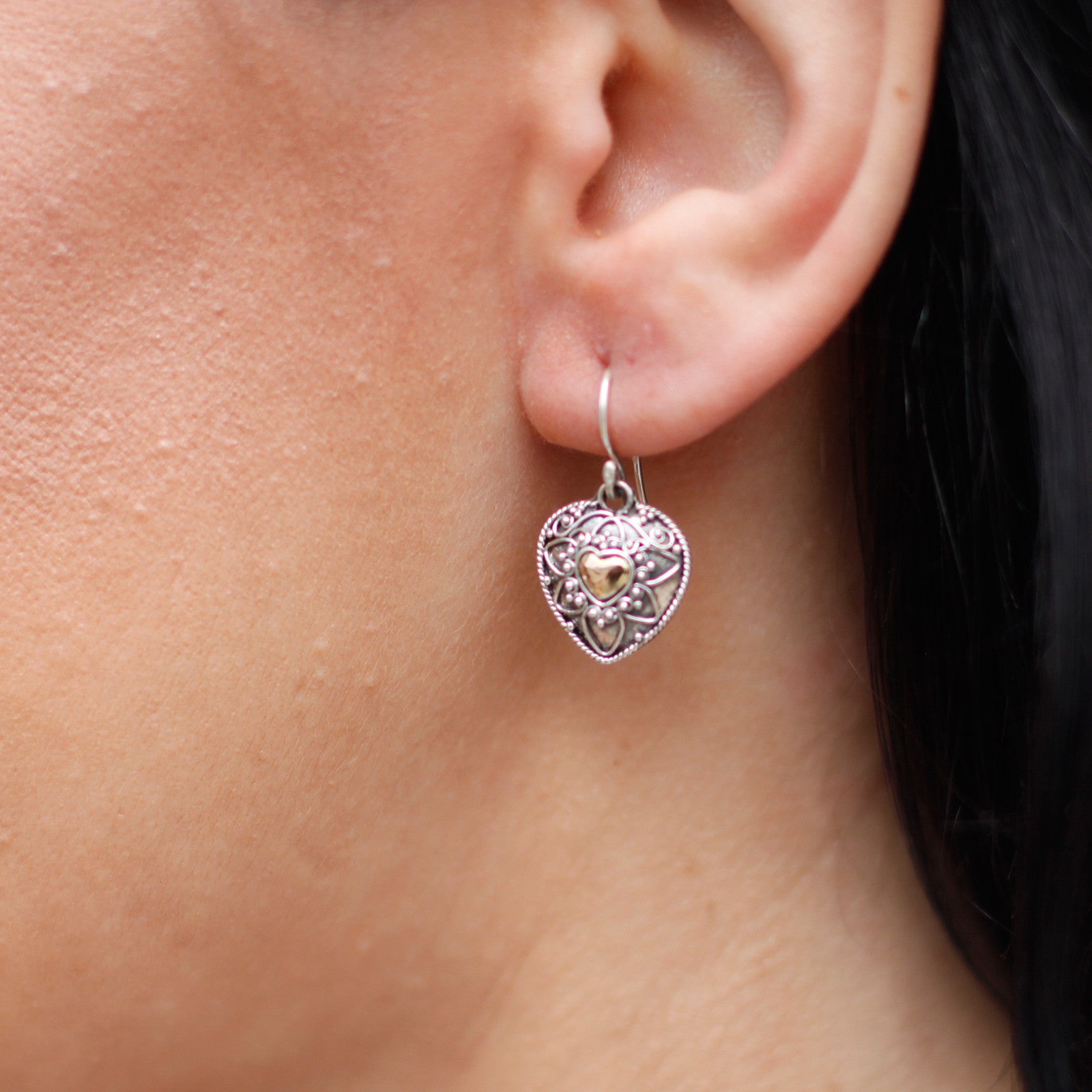 close up shot of ear with Silver & Gold Earring - Mandala Hearts * Height with Drop: 3.2cm * Fitting: Hook * Metal: 18k Gold & 925 Silver * Weight: 3 grams (combined)