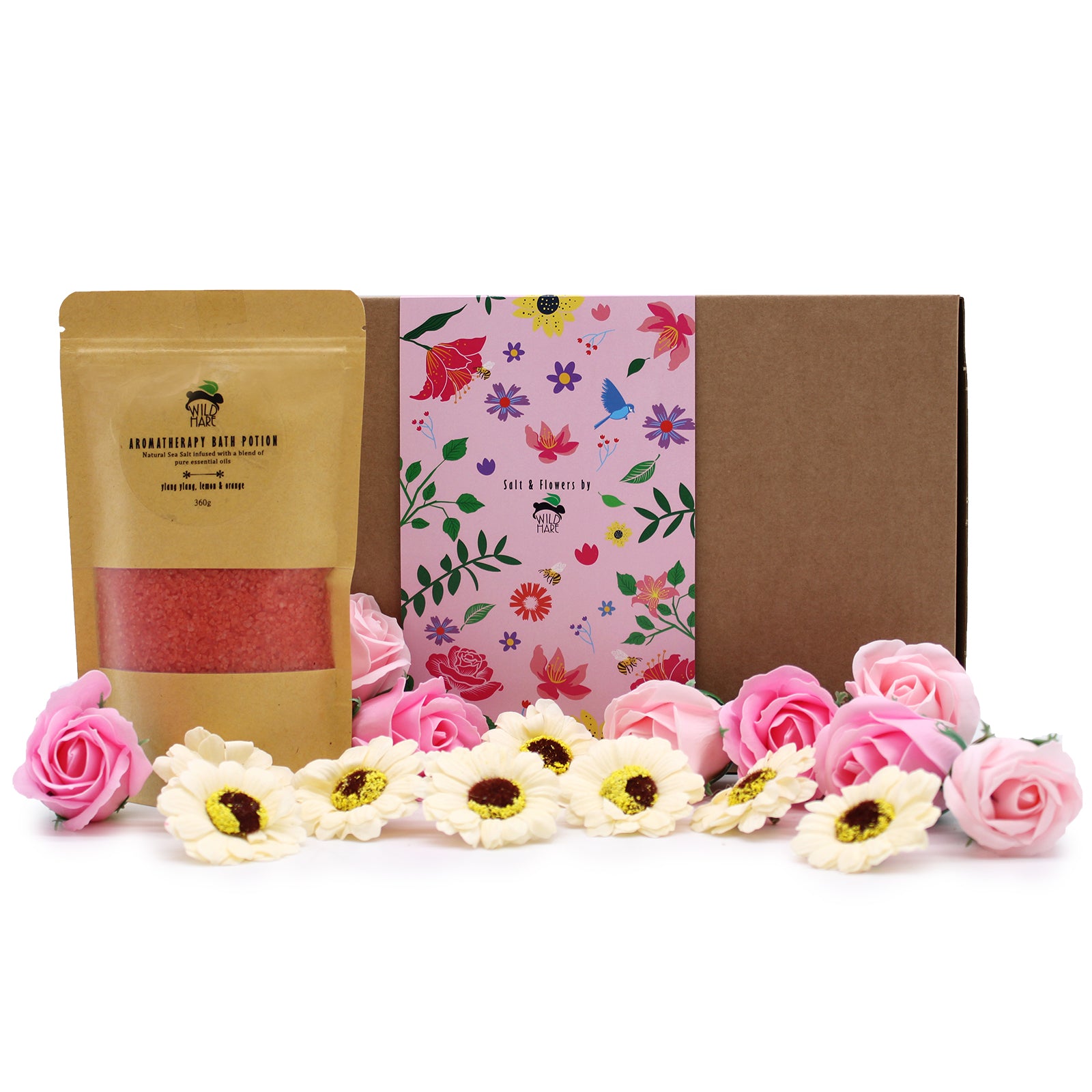 Salt Soak Set - Passion A 350g Bath Salt infused with Ylang Ylang, Lemon, and Orange.  8 Soap Roses.  8 Soap Sunflowers.