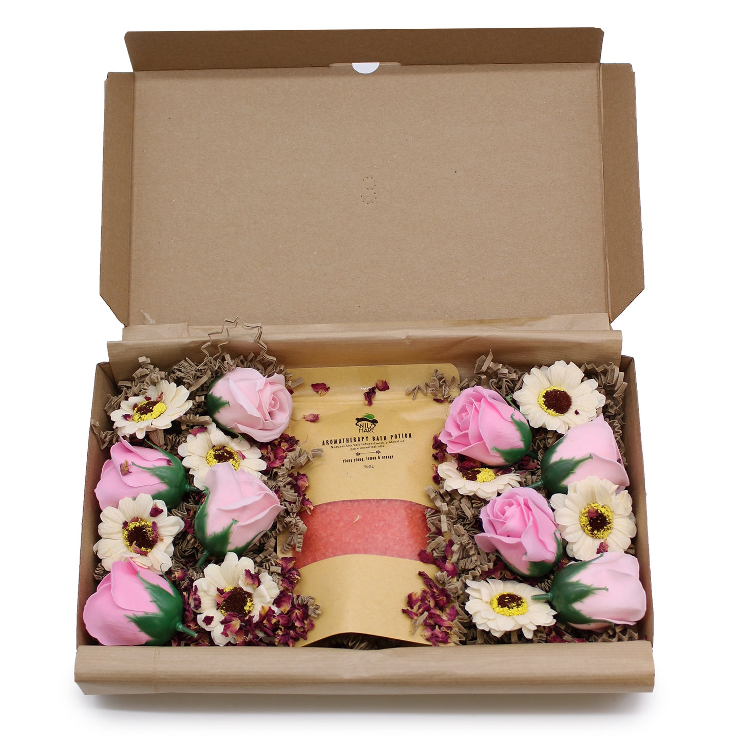 open box of Salt Soak Passion set A 350g Bath Salt infused with Ylang Ylang, Lemon, and Orange.  8 Soap Roses.  8 Soap Sunflowers.