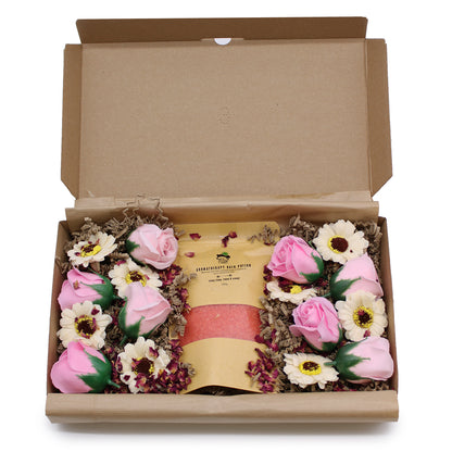 open box of Salt Soak Passion set A 350g Bath Salt infused with Ylang Ylang, Lemon, and Orange.  8 Soap Roses.  8 Soap Sunflowers.
