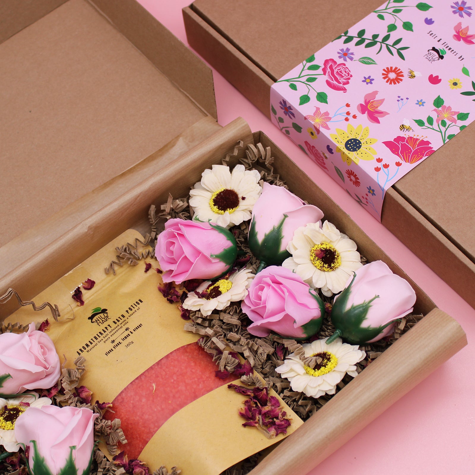 Salt Soak Set - Passion A 350g Bath Salt infused with Ylang Ylang, Lemon, and Orange.  8 Soap Roses.  8 Soap Sunflowers.