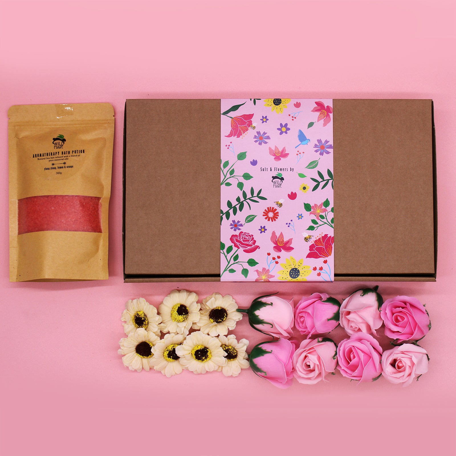 Salt Soak Set - Passion A 350g Bath Salt infused with Ylang Ylang, Lemon, and Orange.  8 Soap Roses.  8 Soap Sunflowers.