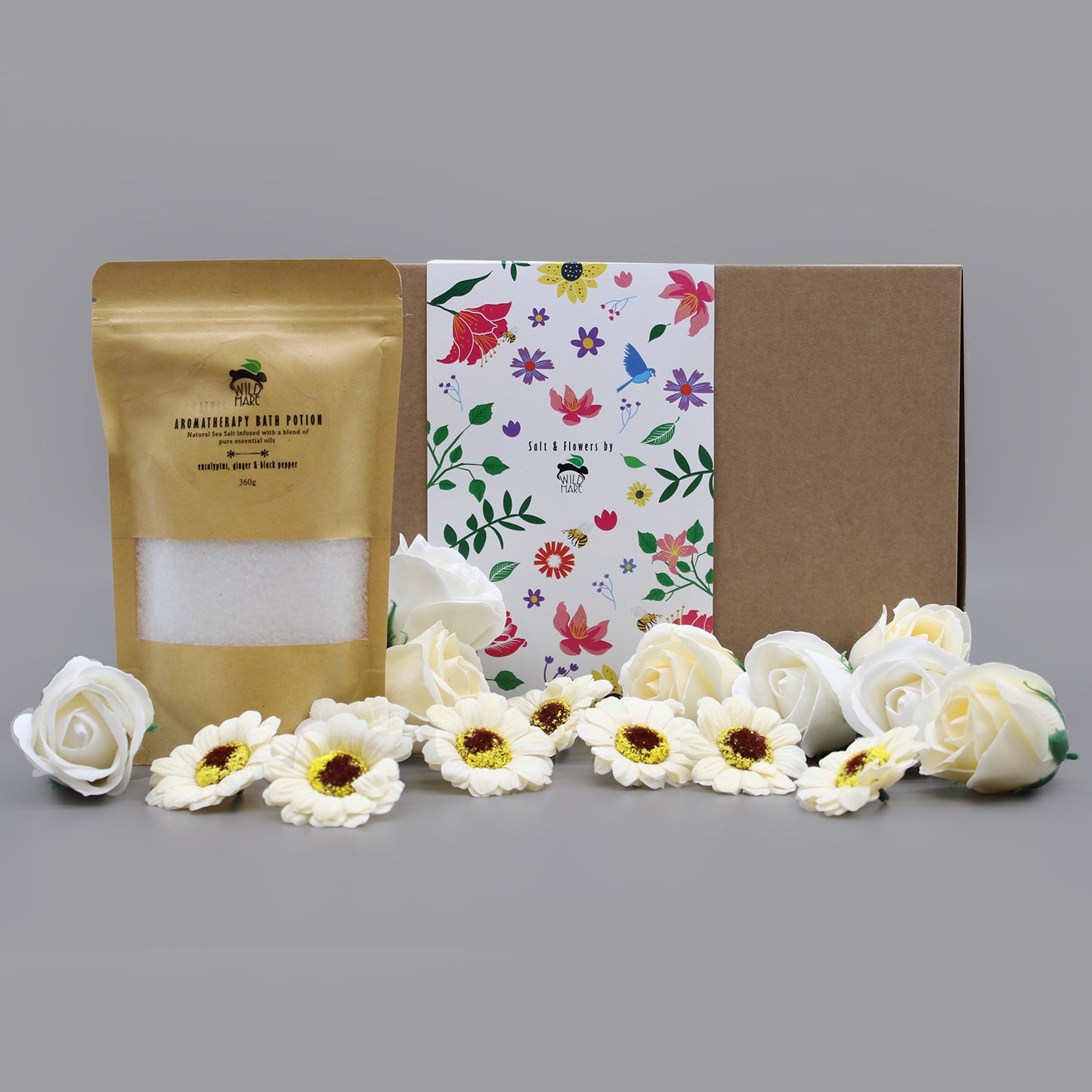 Salt Soak Setv - Cold & Flu  A 350g Bath Salt infused with Eucalyptus, Ginger, and Black Pepper.  8 Soap Roses.  8 Soap Sunflowers.