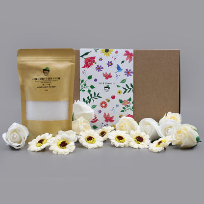 Salt Soak Setv - Cold & Flu  A 350g Bath Salt infused with Eucalyptus, Ginger, and Black Pepper.  8 Soap Roses.  8 Soap Sunflowers.