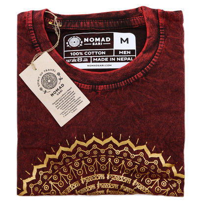 Maroon shirt with gold embroidery and 'Nomad Sari' label on a white background