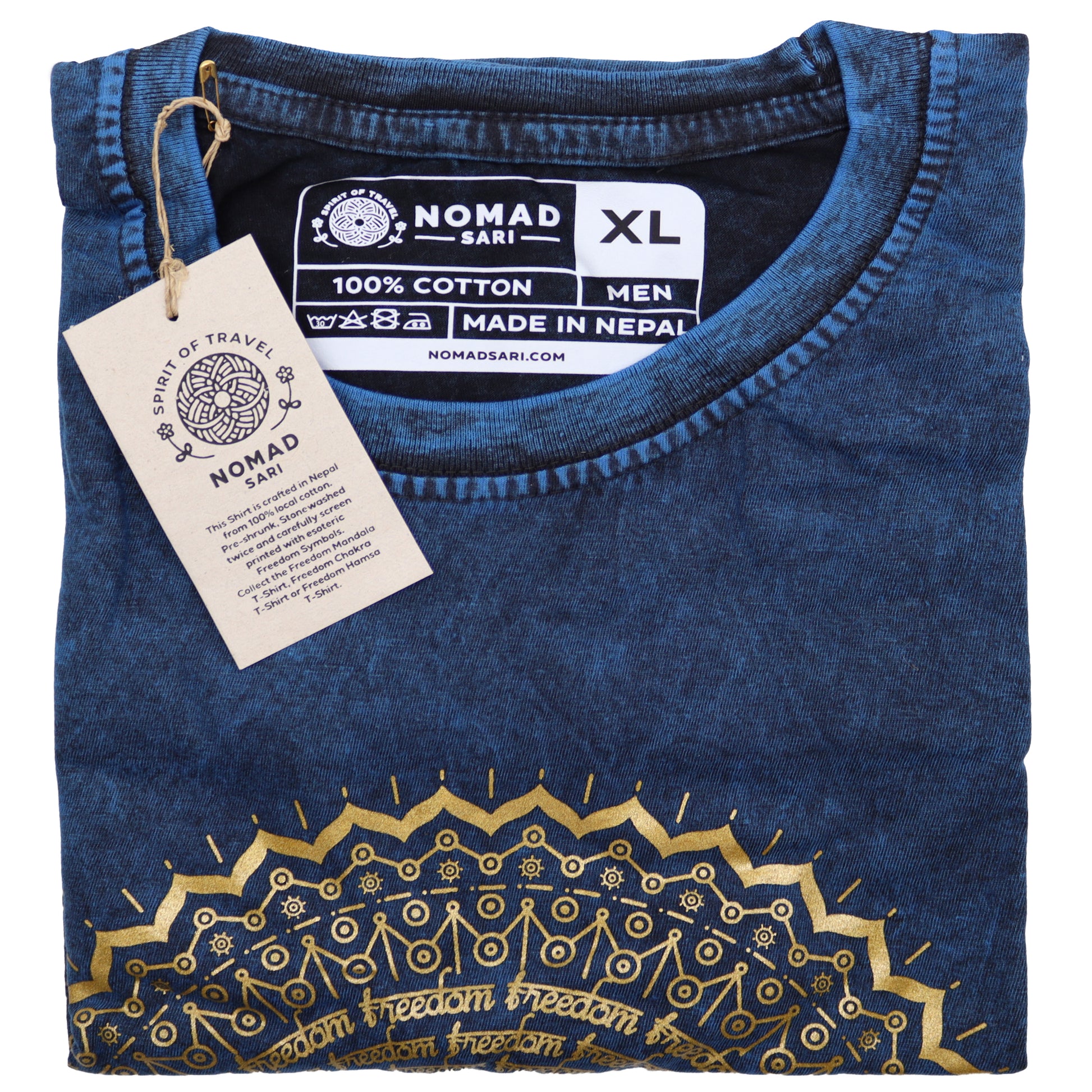 Folded blue t-shirt with gold embroidery and a visible tag on a white background