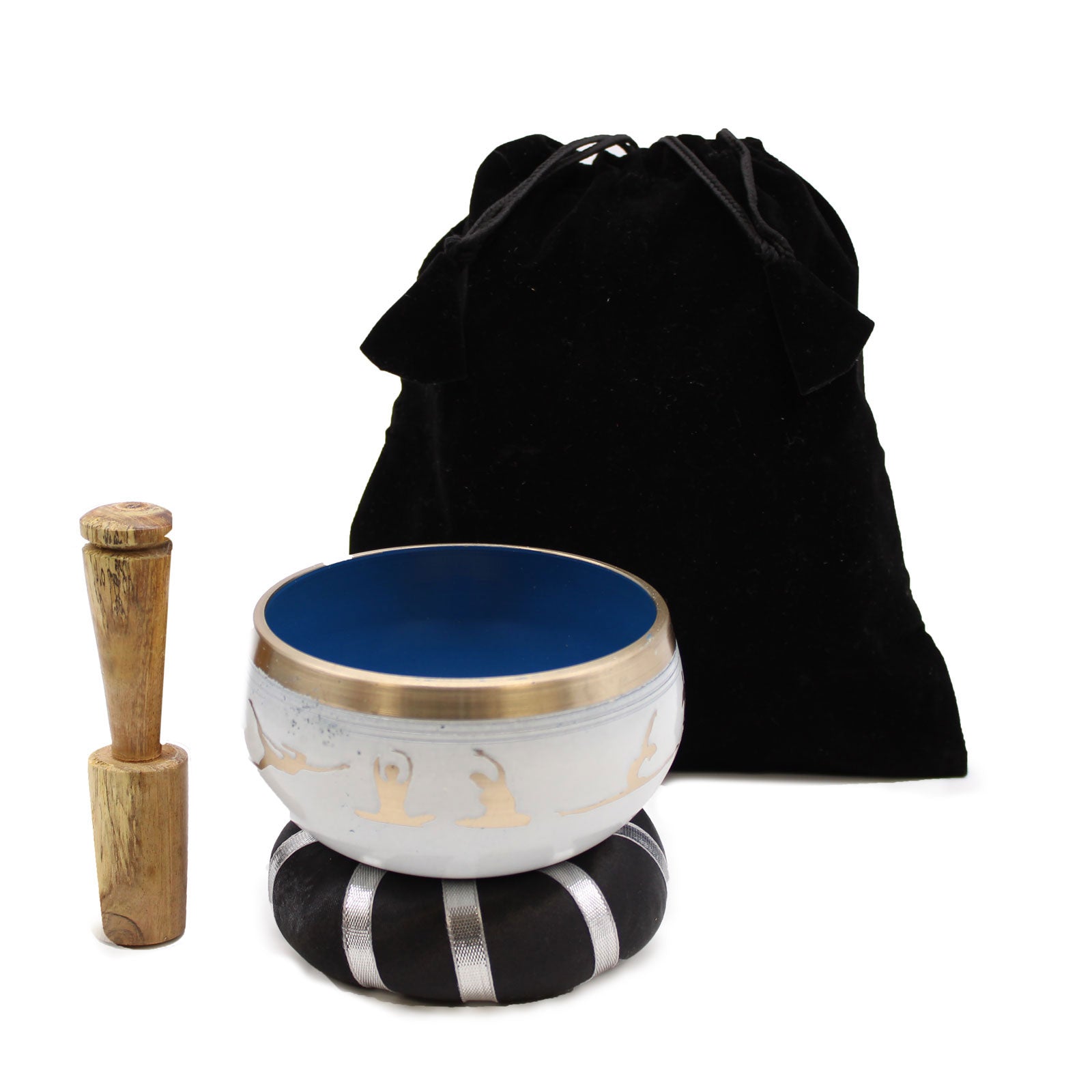 A singing bowl set including a blue and white singing bowl with a gold rim, a wooden mallet, and a black carrying bag, displayed on a white background. Underground Allure Essex, UK