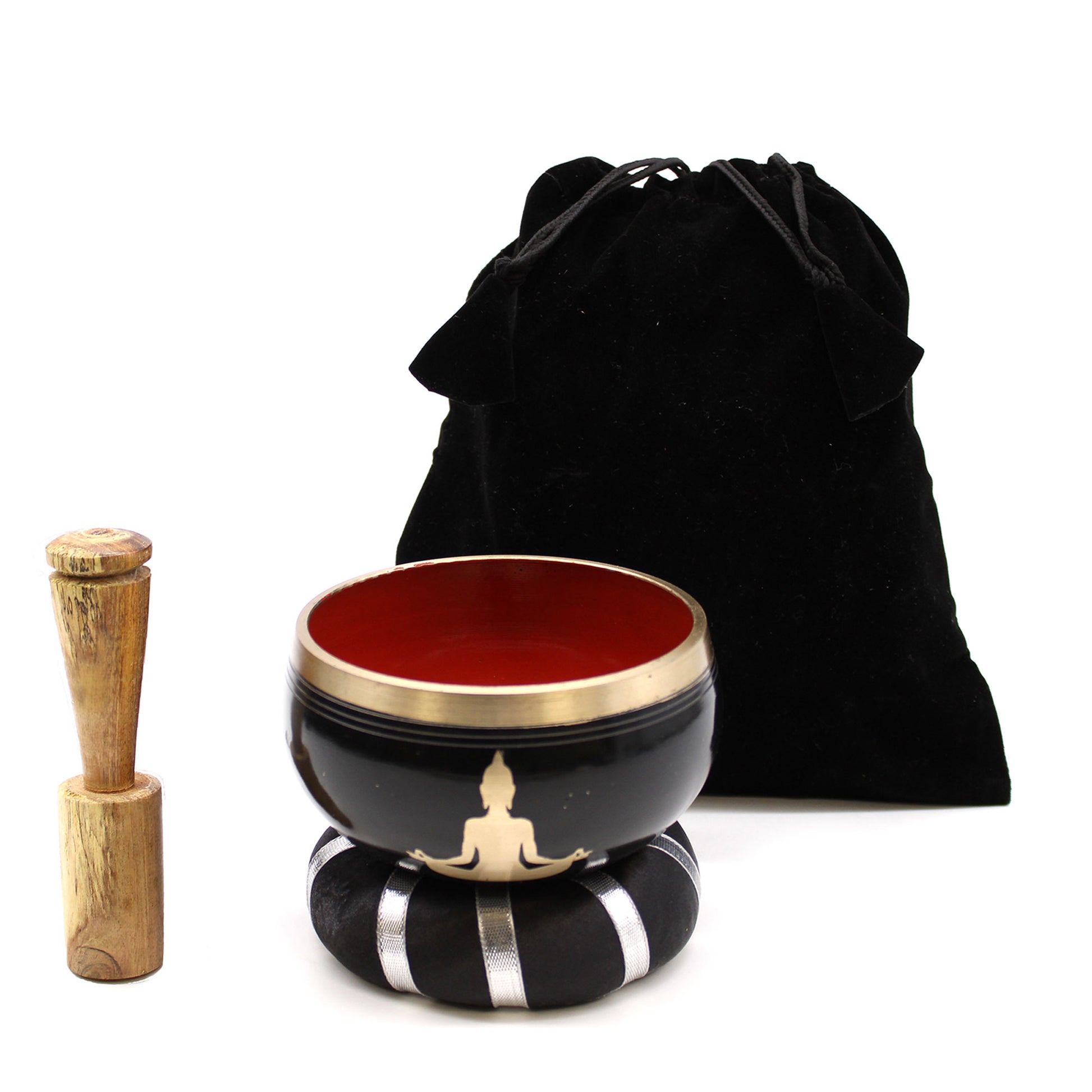 A singing bowl set including a blue and white singing bowl with a gold rim, a wooden mallet, and a black carrying bag, displayed on a white background.Underground Allure Essex, UK