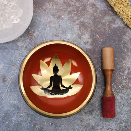 over head shot of Lrg Buddha Singing Bowl Set- Black/Orange 14cm