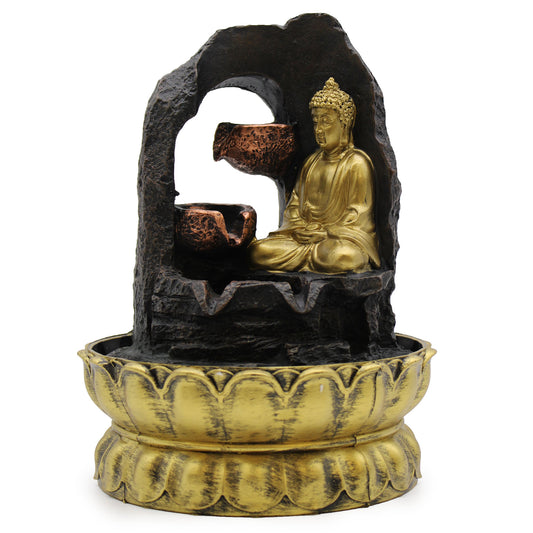 Tabletop Water Feature - 30cm - Golden Meditating Buddha on a white background