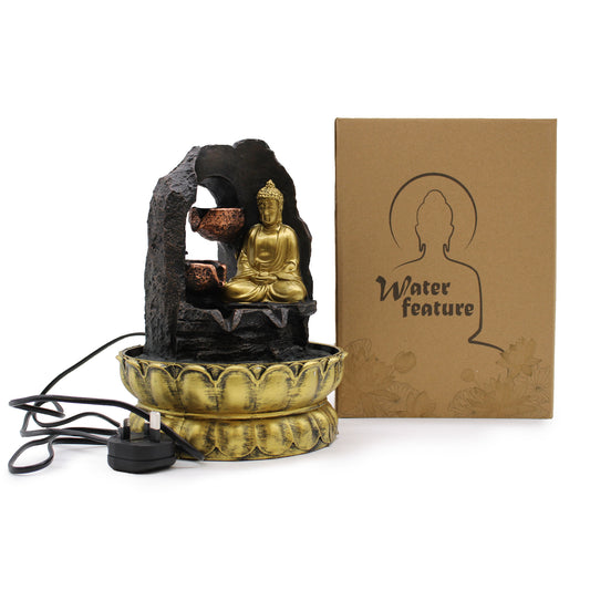 Tabletop Water Feature - 30cm - Golden Meditating Buddha with packaging on a white background