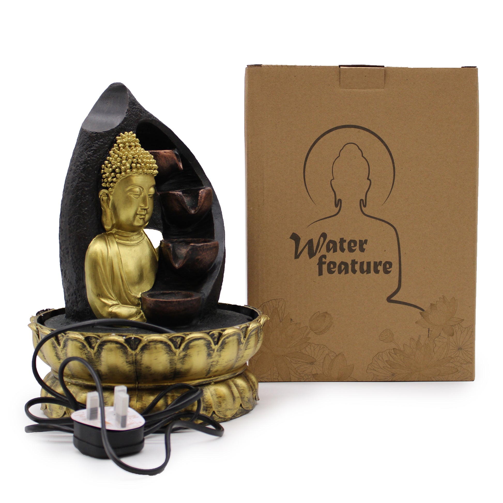 Buddha-themed water feature with packaging on a white background
