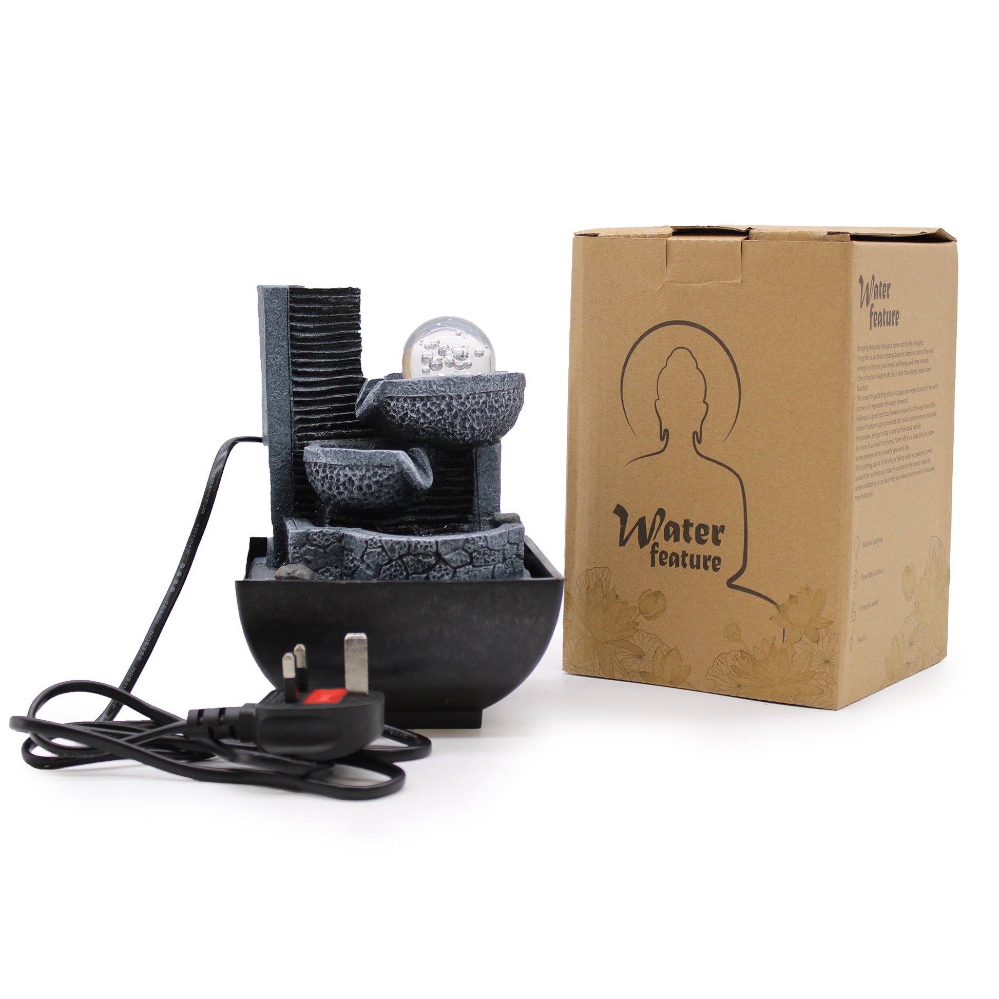 Tabletop Water Feature - 18cm - Relaxing Pouring Pots  with power cord and packaging on a white background