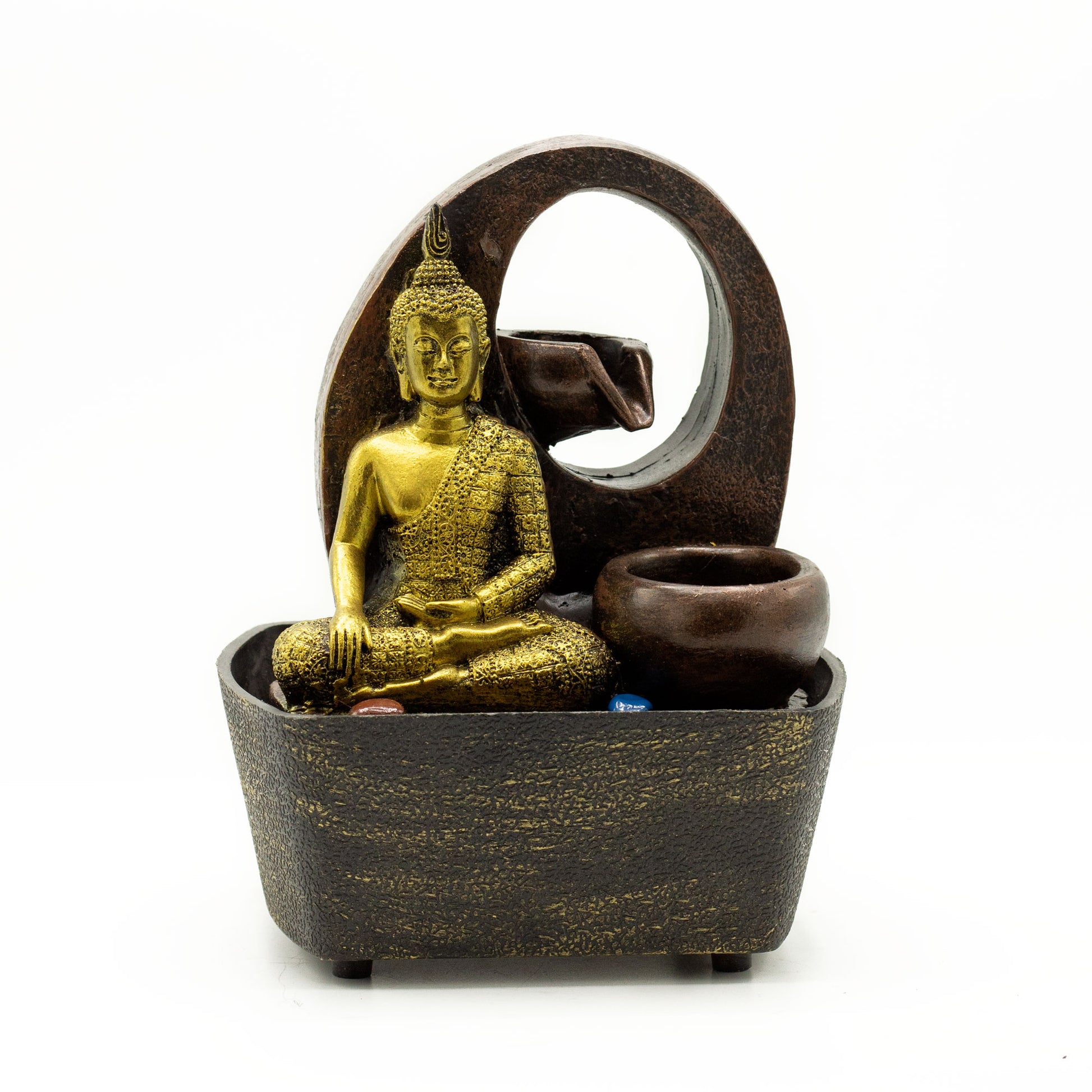 Tabletop Water Feature - 21.5cm - Golden Buddha & Pots on a white background