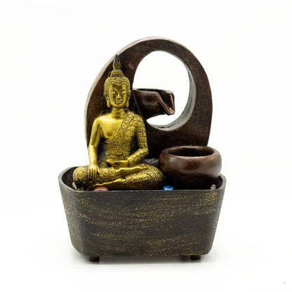 Tabletop Water Feature - 21.5cm - Golden Buddha & Pots on a white background
