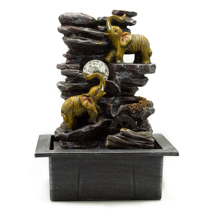Tabletop Water Feature - 35cm - Elephants, Crystal Ball & Water Wheel on a white background