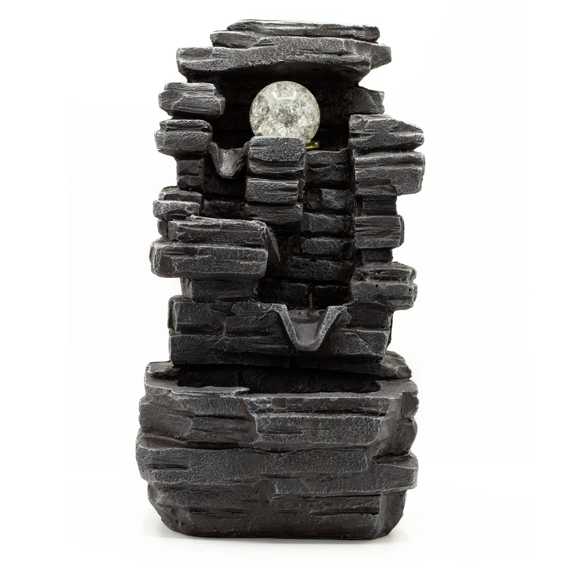Tabletop Water Feature - 35cm - Slab Rocks Formation & Crystal Ball on a white background