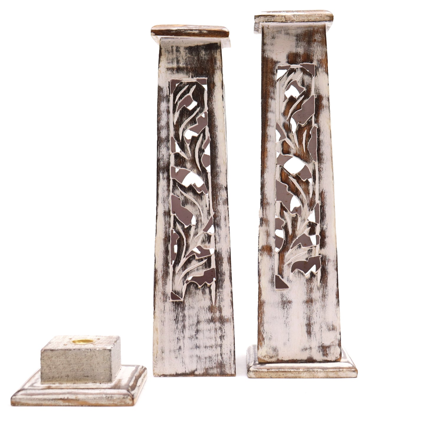 Handmade mango wood  white washed incense holder from Saharanpur, India,