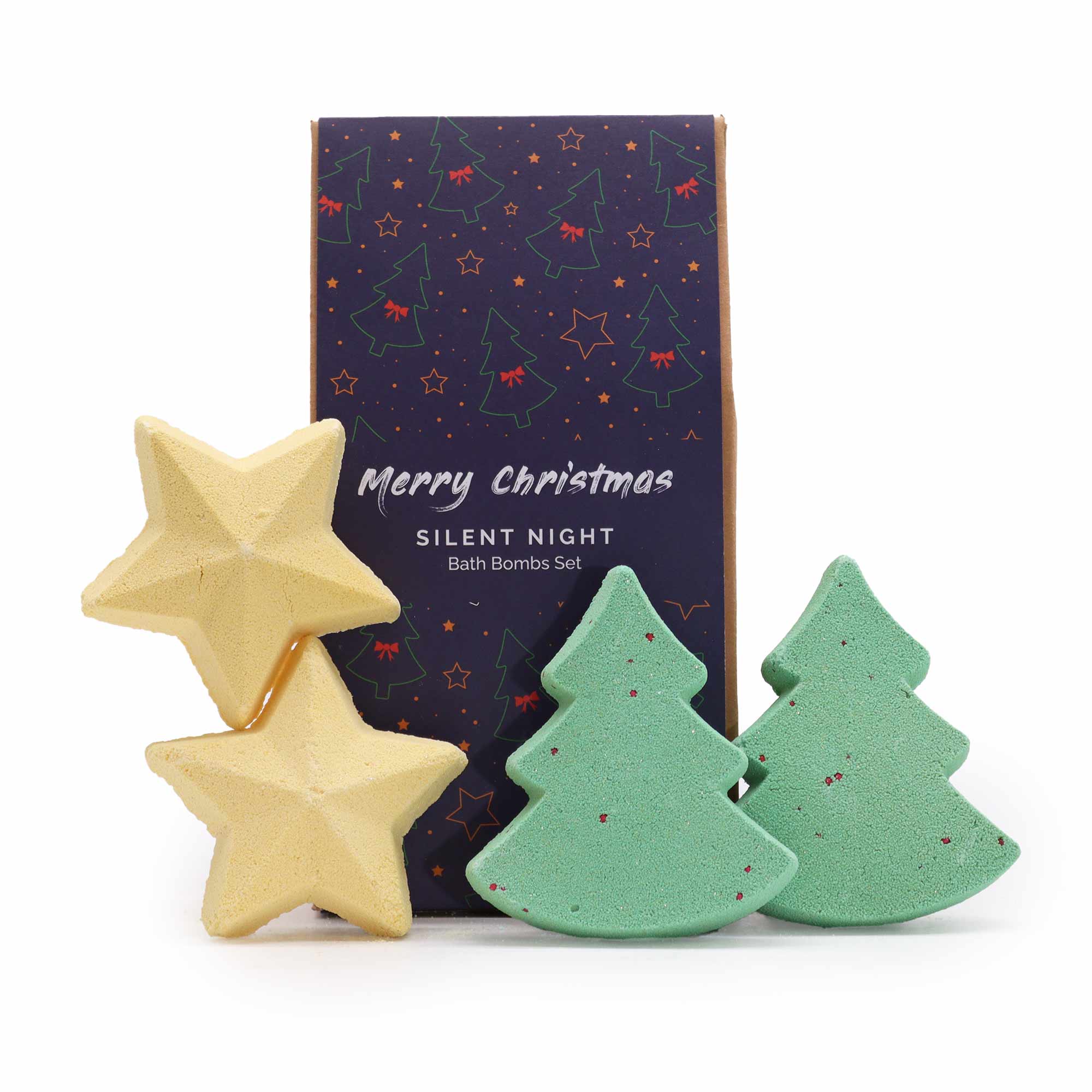 2x Christmas Tree Bath Bombs ( 75g each) with the fragrance: Festive Morning:  Top Notes: Suede - Pink Pepper - Violet Leaves - Saffron  Heart Notes: Lily - Jasmine - Orris - Cinnamon  Base Notes: Leather - Patchouli - Sandalwood - Amber - Velvet Woods - Agarwood  2x Star Bath Bombs ( 50g each) with the fragrance: Cosy Winter Nights:  Top Notes: Cinnamon - Clove  Heart Notes: Jasmine - Violet - Rose  Base Notes: Cashmere - Woods - Musk - Vanilla - Saffron