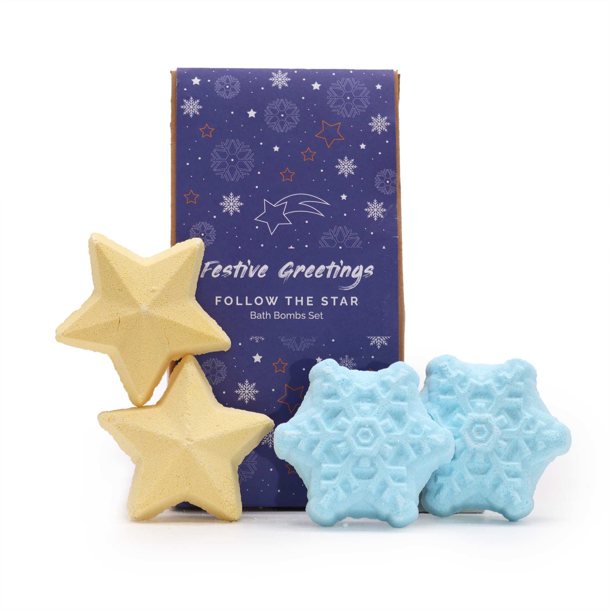 Follow the Star Christmas Bath Bomb Gift Pack displaying 2 star and 2x snowflake bath bombs