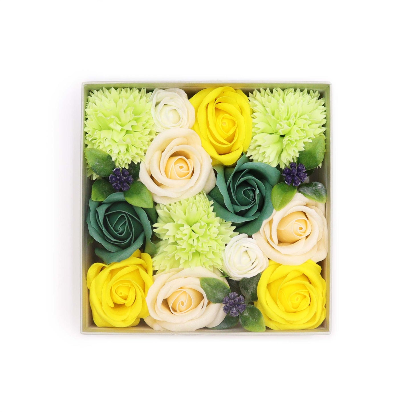 Soap flower gift box Spring Celebrations Yellow & Greens, unique handmade sustainable gift UK